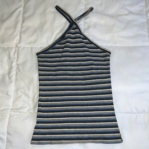 striped shirt , asymmetrical spaghetti straps